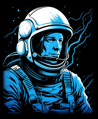 Astronaut in spacesuit on black background.Isolated t-shirt print.Contrasting space object