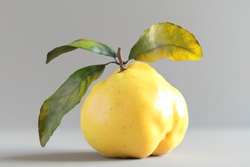 Yellow quince fruit with green leaves on light background