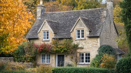 Autumn cottage in the English countryside style, old village architecture, autumnal nature beauty