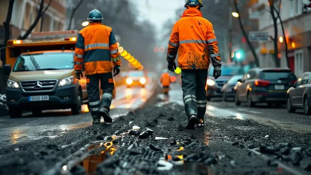 Construction workers repairing a city road under cloudy skies during late afternoon hours