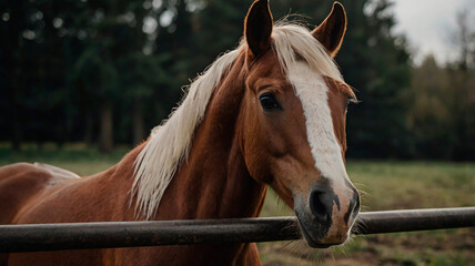 Naklejka premium a portrait of a brown and white horse in the countryside 