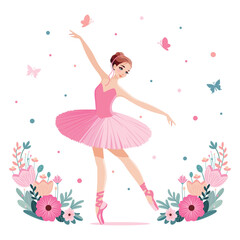 Romantic ballerina in pink dress dancing on white background with flowers and butterflies . Vector illustration in flat cartoon style