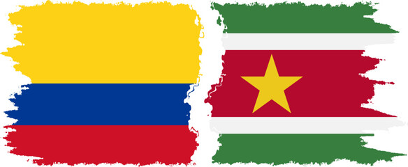 Suriname and Colombia grunge flags connection, vector