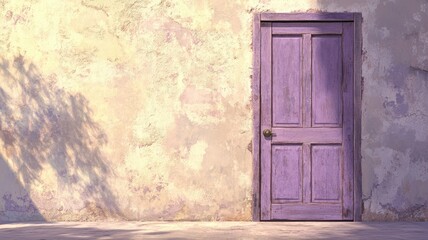 Weathered purple door against textured old wall