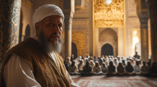 wise Muslim scholar in traditional attire sits in grand hall, surrounded by attentive students. intricate architecture and warm lighting create serene atmosphere for learning