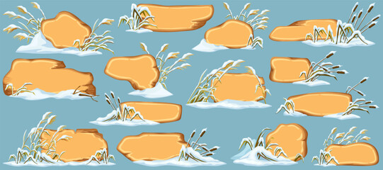 Marsh reed under snow. Swamp cattails winter. Broken weed and snowdrifts. Set isolated wooden cartoon game panels, boards for covers, banners, notebooks, games. Vector signboards in the snowdrifts.