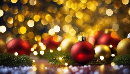 Festive Christmas Ornaments with Colorful Bokeh Lights, Gold, colorful, Christmas tree