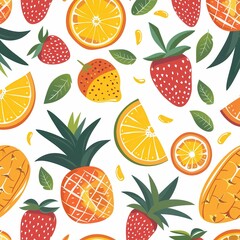 A vibrant pattern showcases various fruits including strawberries, oranges, and pineapples, symbolizing summer freshness and fun. Generative AI