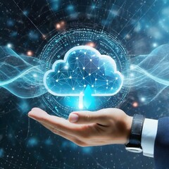 A digital realm unfolds within the grasp of human hand, as a luminous cloud symbolizes the boundless potential and transformative power of cloud computing, reshaping the landscape of technology.