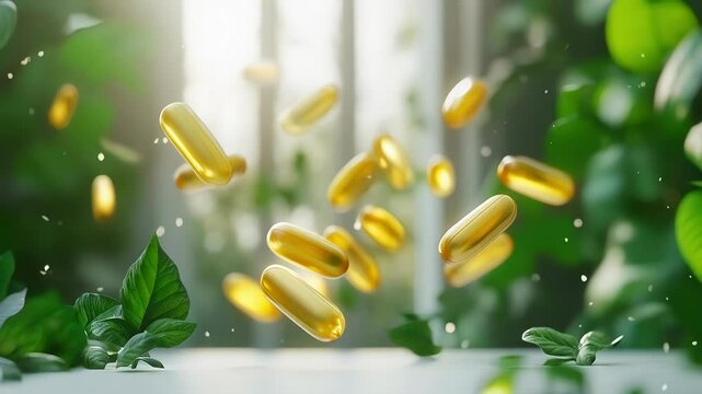 Glittering omega 3 capsules float in air against backdrop grass and greenery in sunlight. Alternative medicine herbal organic capsule with vitamin E. Concept of vitamins and minerals Healthy lifestyle