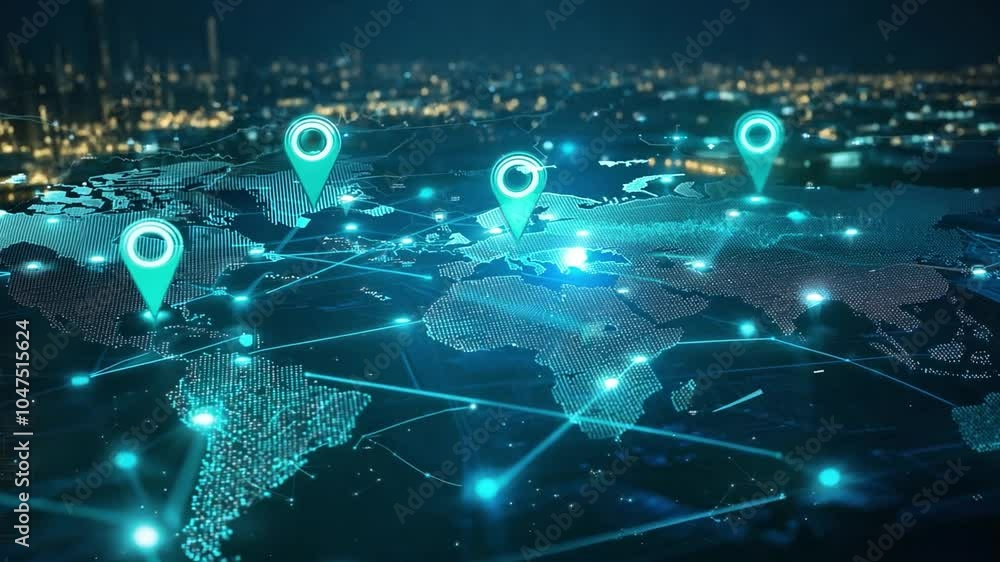 Poster a digital representation of global connectivity features maps with glowing location pins illuminatin