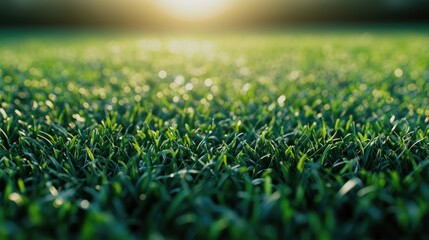 Naklejka premium Close-up of lush green grass with sunlight creating a serene atmosphere.