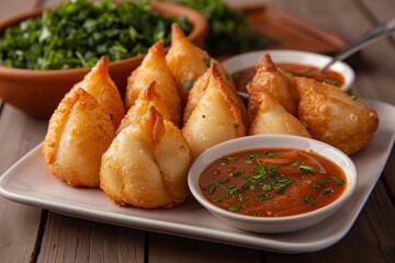 A plate of coxinhas, deep-fried dough balls filled with creamy chicken and spices, served with a side of spicy dipping sauce