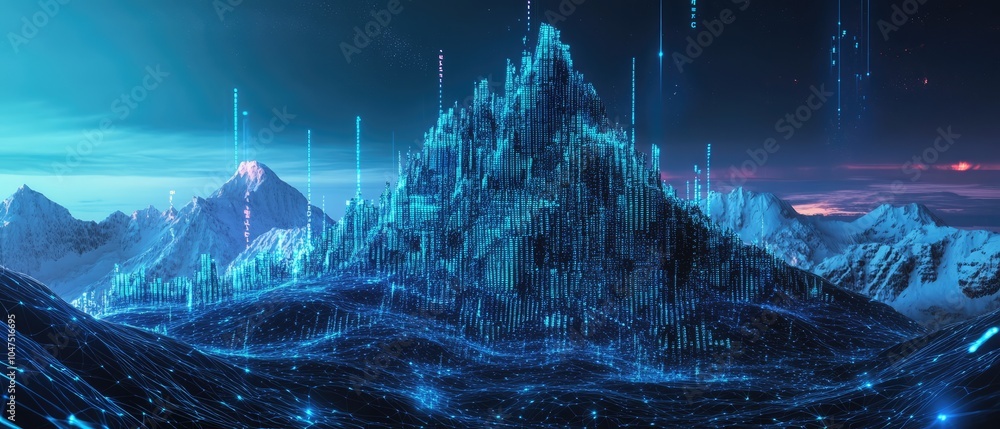 Poster a futuristic mountain landscape with digital elements and glowing data streams.