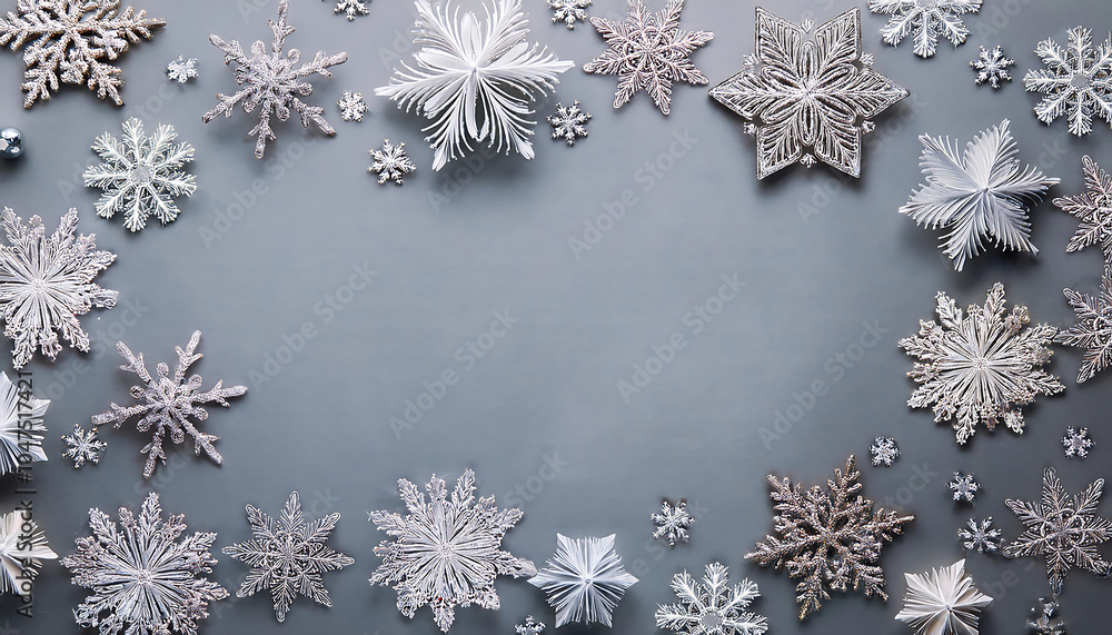 Poster snowflakes frame pastel gray background flat lay with plenty of copy space for a festive ho_1(619)