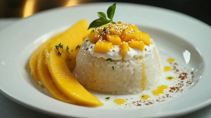 Steamed glutinous rice with mango, isolated on a white porcelain plate, surrounded by fresh mango slices, coconut cream, and sesame seeds