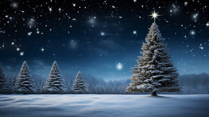 Obraz premium Christmas tree on snowy blue background.Festive Christmas greeting card conveys the magic and wonder of the holiday season.