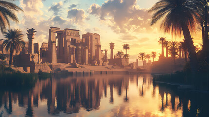 Fototapeta premium Temple of karnak lithograph: serene dawn river scene with temple reflection. Vintage Lithograph. Illustration