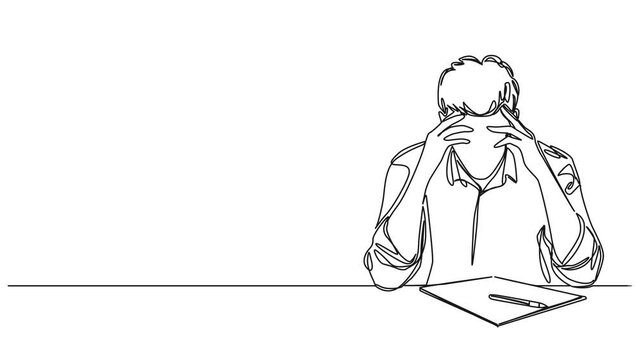 animated continuous single line drawing of stressed and frustrated young businessman, line art animation