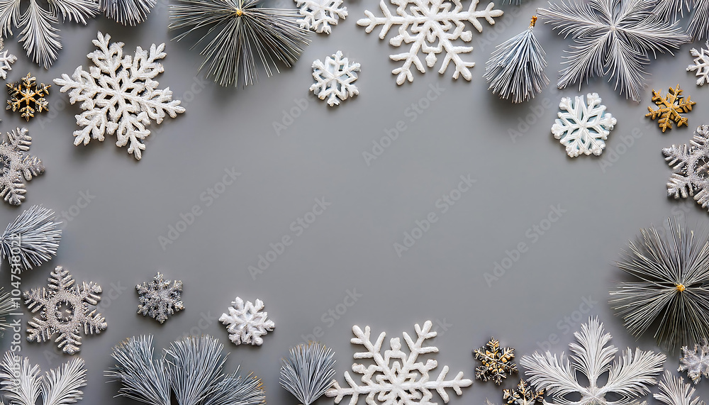 Poster snowflakes frame pastel gray background flat lay with plenty of copy space for a festive ho_1(617)