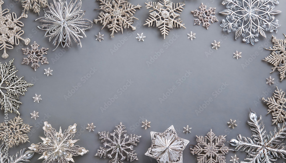 Poster snowflakes frame pastel gray background flat lay with plenty of copy space for a festiv_1(620)