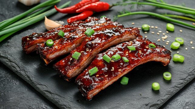 Steamed pork riblets in black bean sauce, isolated on a gray stone surface, surrounded by green onions, garlic cloves, and fresh red chilies