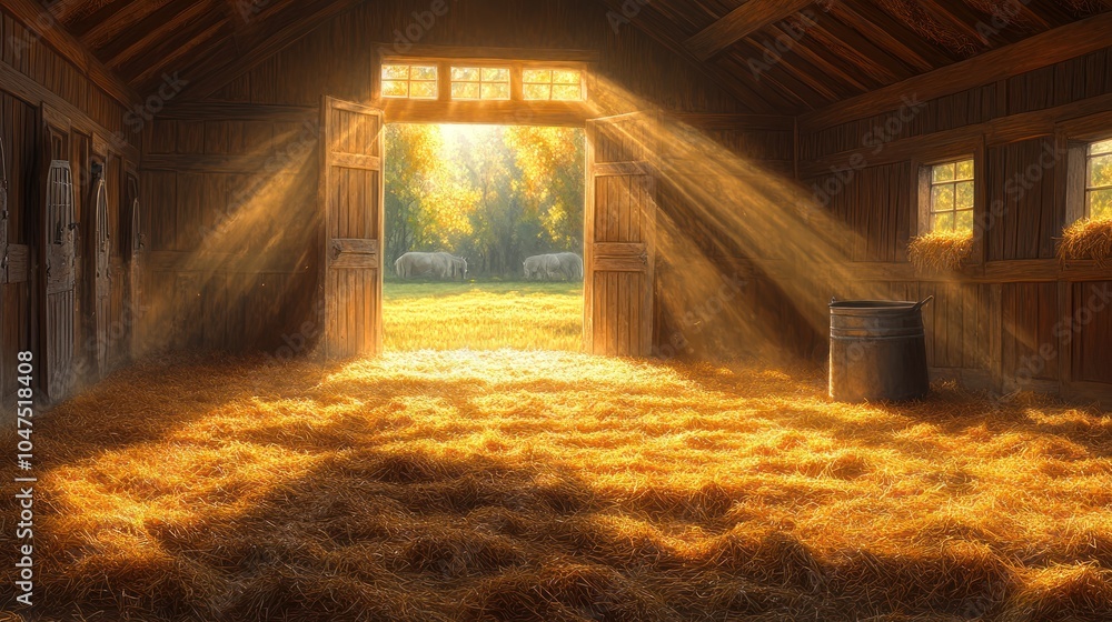 Wall mural sunbeams illuminate a barn interior with hay on the floor, a barrel, and an open door revealing a fi