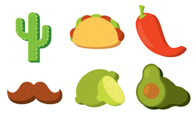 Avocado, lime, taco, and cactus colorful Mexican icons, Vector