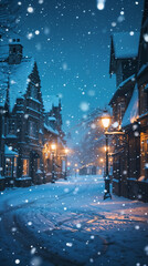 Snowy street in a quaint European village with traditional half-timbered buildings, lampposts, and gentle snowfall creating a magical, atmospheric winter scene.