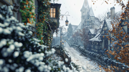 Charming Tudor style street with orange winter berries and snow-dusted walls, featuring timbered houses and glowing lanterns with a distant church in the background and foggy weather for a wallpaper