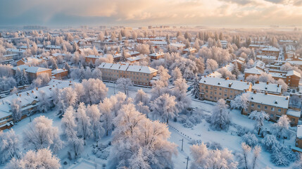 Obraz premium Snowy winter cityscape with frost-covered trees and apartment buildings in warm morning light, aerial view of residential district blanketed in pristine white snow under pastel sky