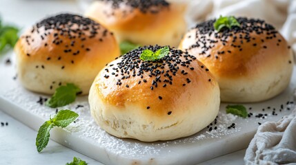 Sweet black sesame buns, placed on a white marble plate, garnished with black sesame seeds, powdered sugar, and fresh mint leaves
