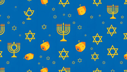 Hanukkah seamless pattern with menorah, dreidel, candles, star of David. Jewish holiday blue texture, background. Cute design for wallpapers, children gift wrap paper, textile print isolated with wh