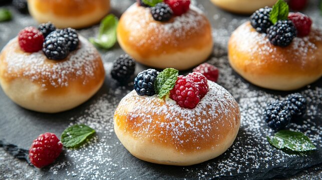 Sweet red bean paste buns, placed on a gray stone surface, garnished with powdered sugar, fresh berries, and mint leaves