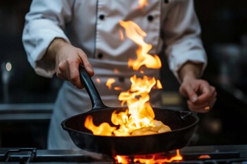 A skilled chef flambéing a sumptuous dish in a bustling restaurant kitchen during a late-night service. Generative AI