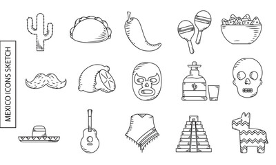 Fototapeta premium Hand-drawn Mexican symbols like taco, maracas, and pyramid, Vector