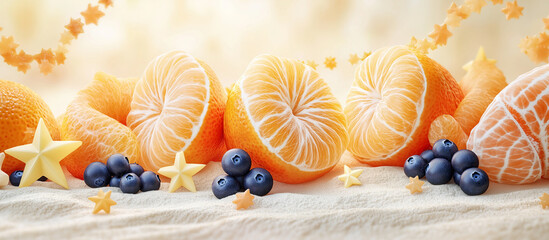 Abstract Collage with Mandarin Slices, Star Fruit, and Blueberries, generative ai