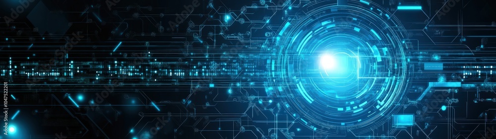 Poster abstract digital design featuring glowing lines and a central light, representing technology.