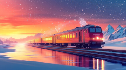 steam-powered red train in a winter landscape