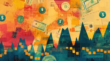 Fototapeta premium Background featuring a fluctuating stock chart, scattered banknotes, global currency symbols, and financial trends