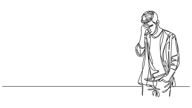animated continuous single line drawing of stressed man having a headache, line art animation