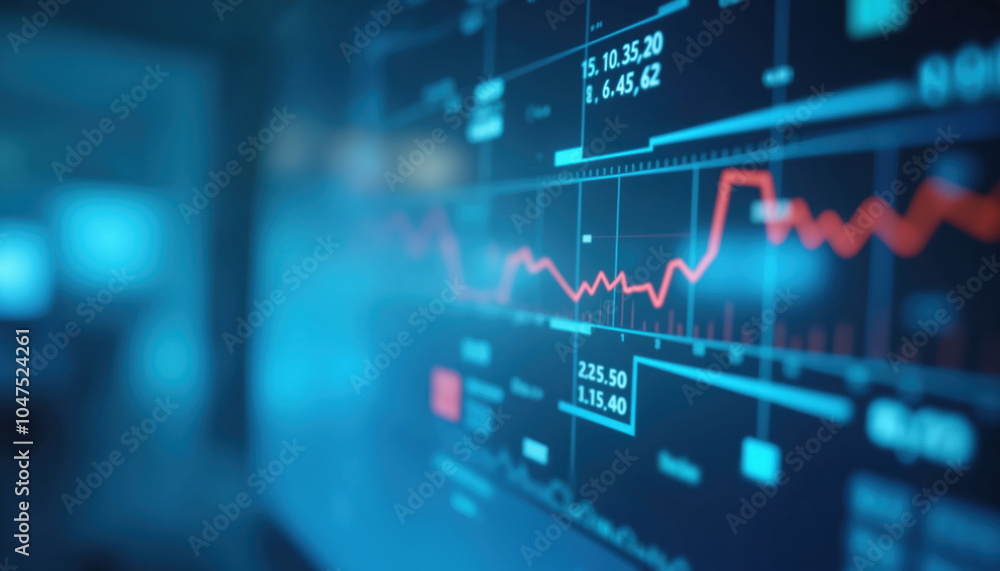 Poster digital financial interface with red line: abstract financial dashboard with a red trend line on a b
