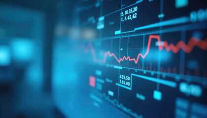 Fototapeta premium Digital Financial Interface with Red Line: Abstract financial dashboard with a red trend line on a blue-toned digital interface, emphasizing economic data and analysis.