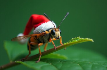 New Year bee Portrait in Santa Claus Hat on Green Background, Christmas Card with Place for text