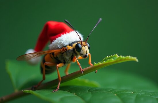 New Year bee Portrait in Santa Claus Hat on Green Background, Christmas Card with Place for text