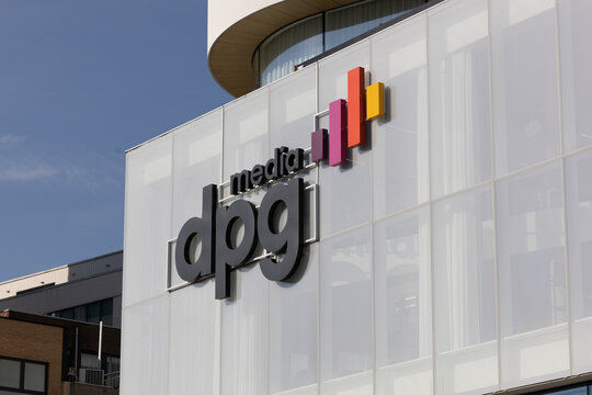DPG Media logo sign. DPG Media is a Belgian media group that is also active in the Netherlands and Denmark. Antwerp, Belgium. 15 April 2023. 