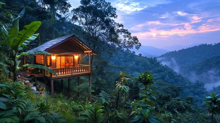 Fototapeta premium Eco-friendly travel choices that include eco-friendly lodging, Generative AI.