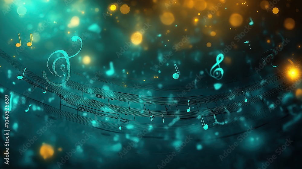 Poster a green music wave with musical notes floating in the air. the notes are scattered throughout the wa