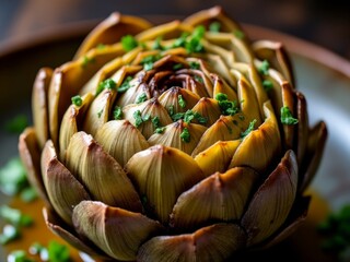 Close-up of a roasted artichoke garnished with fresh herbs, showcasing the golden-brown texture of the petals and vibrant green garnish