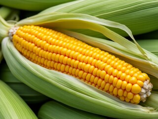 Close-up of fresh yellow corn on the cob with its husk partially peeled back, highlighting its bright kernels and natural texture